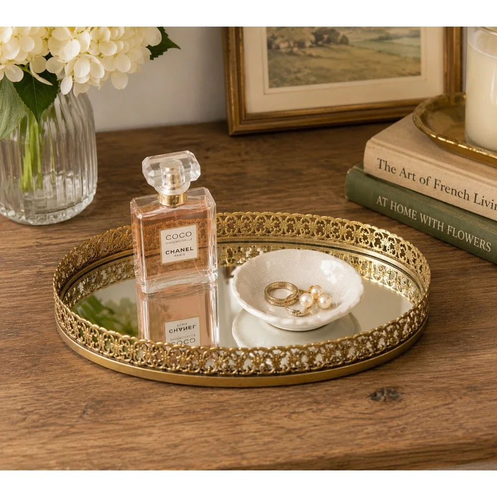 Vtg Mirrored Vanity Tray Gold Filigree Oval 11
